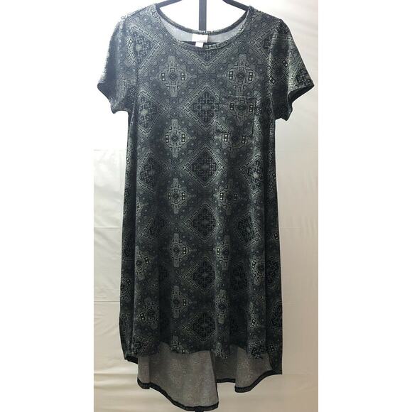 Lularoe Carly Dress Women XS Black Geo Print Short Sleeve Swing Hi Low Flowy - Picture 1 of 10